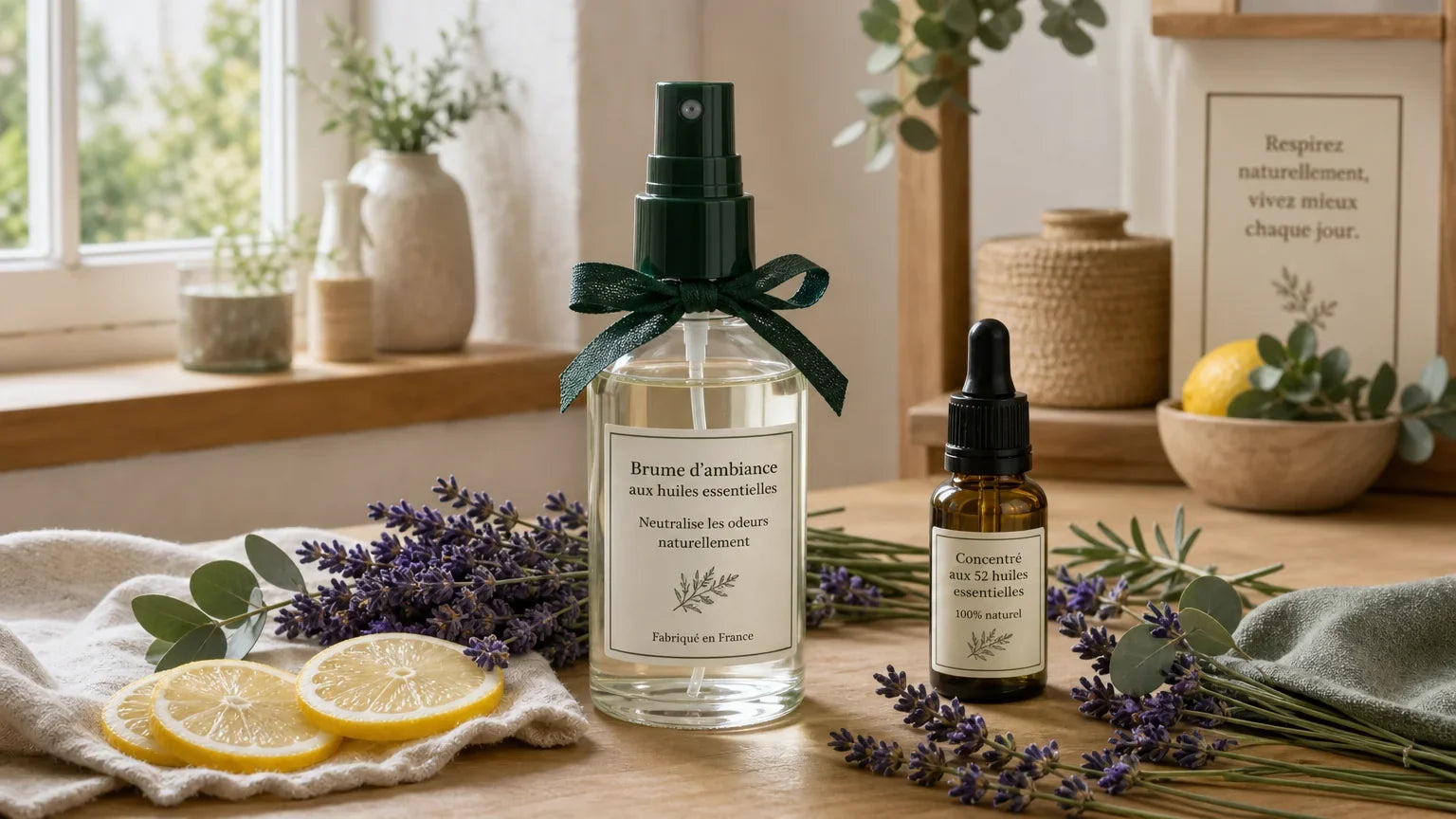 Flacon vaporisateur de désodorisant maison entouré de lavande et de citron Image