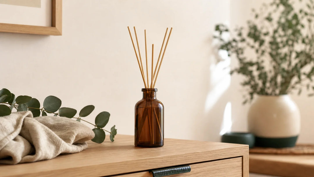 Flacon générique avec bâtonnets dans un intérieur français chaleureux