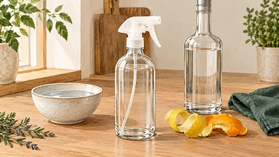 Vaporisateur maison posé près d’ingrédients dans une cuisine lumineuse