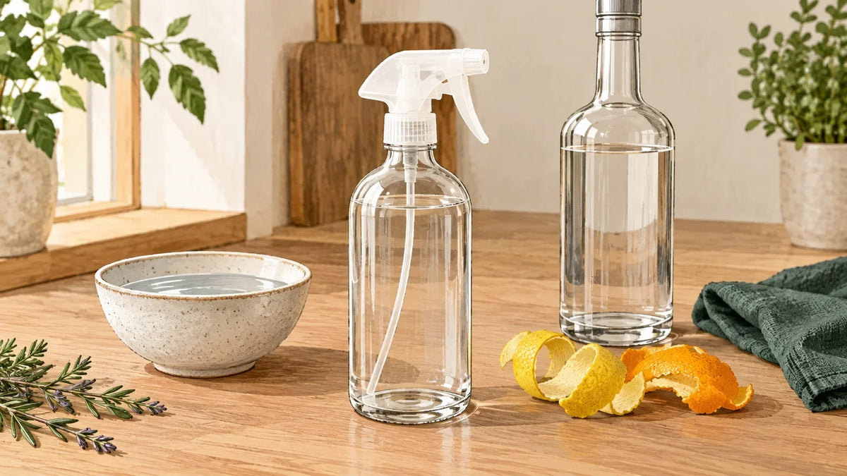 Vaporisateur maison posé près d’ingrédients dans une cuisine lumineuse