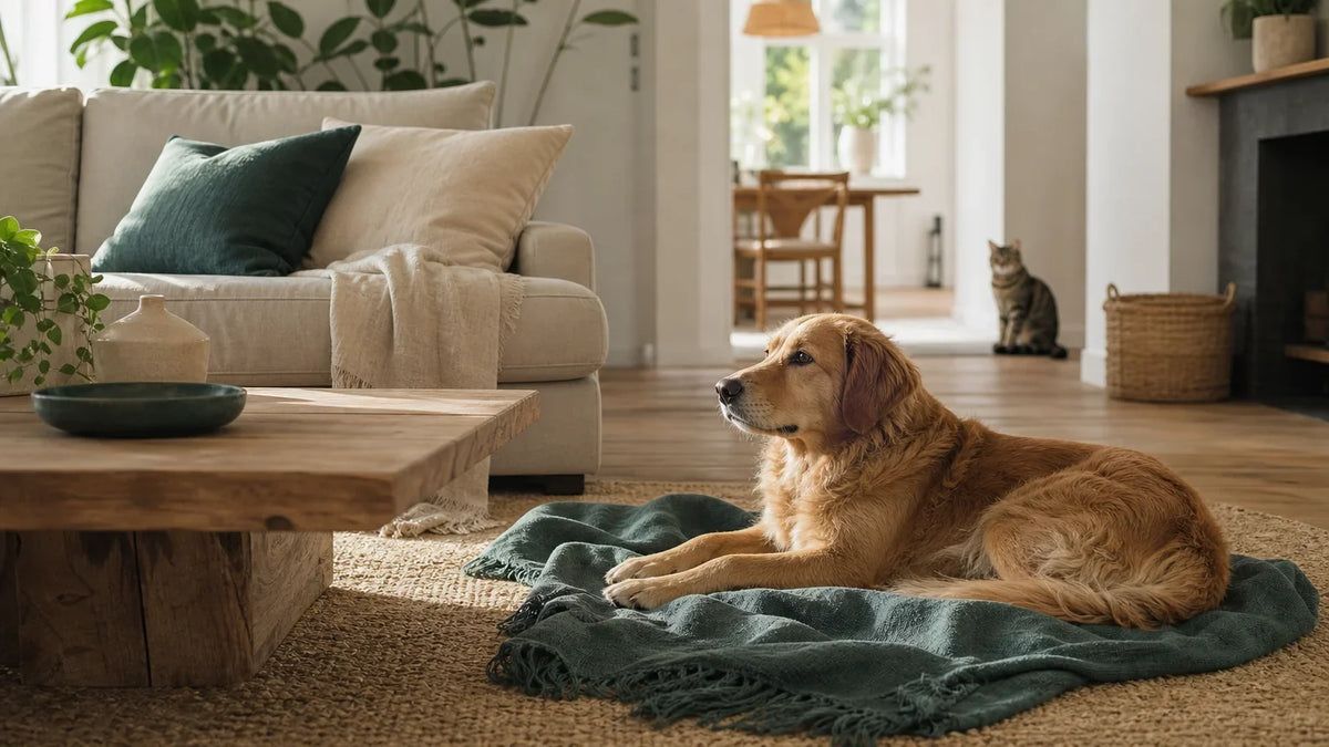 Un chien et un chat dans un salon chaleureux aux textiles entretenus