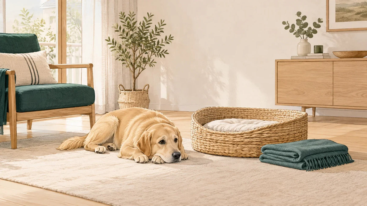 Un chien se repose près de son panier et d’un plaid propre