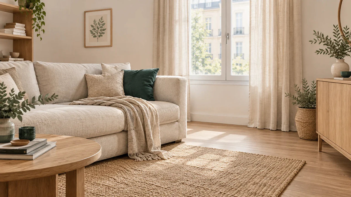 Canapé, plaid et rideaux dans un salon chaleureux à aérer Bild