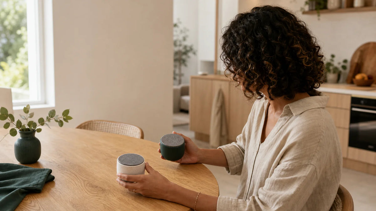 Intérieur français chaleureux avec une personne choisissant une solution anti-odeurs pour la maison Image