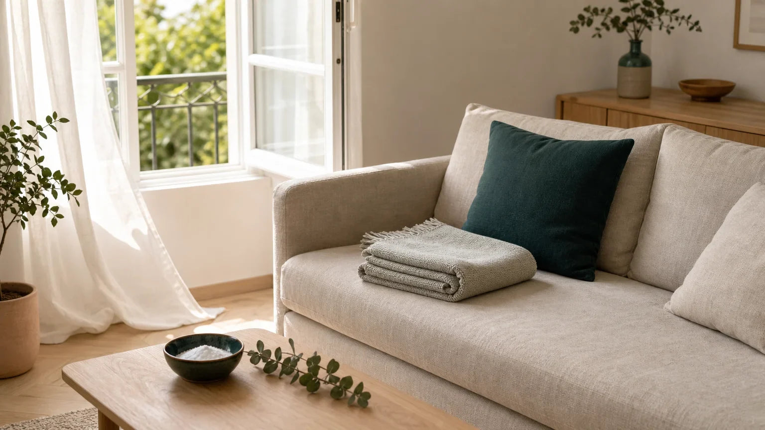 Canapé en lin et textiles aérés dans un intérieur naturel Image