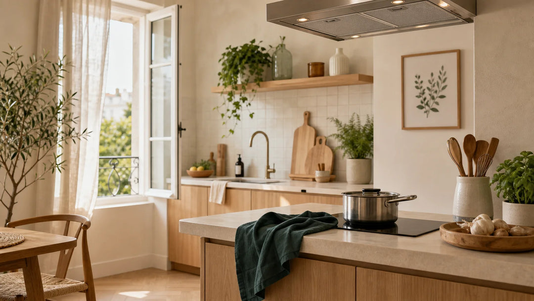 Cuisine lumineuse avec fenêtre entrouverte et hotte, pour évoquer l’aération contre les odeurs