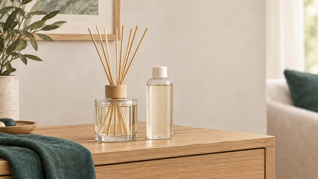 Flacon générique à bâtonnets et recharge sur une console en bois