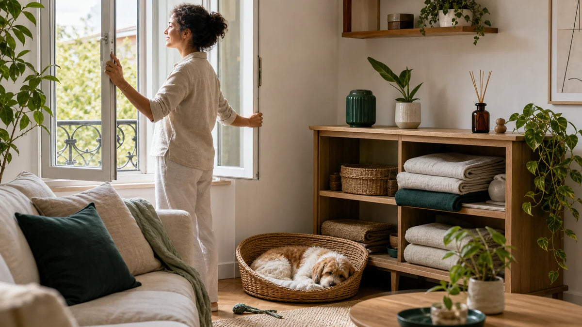 Intérieur aéré avec textiles, animal et diffuseur placé hors de portée